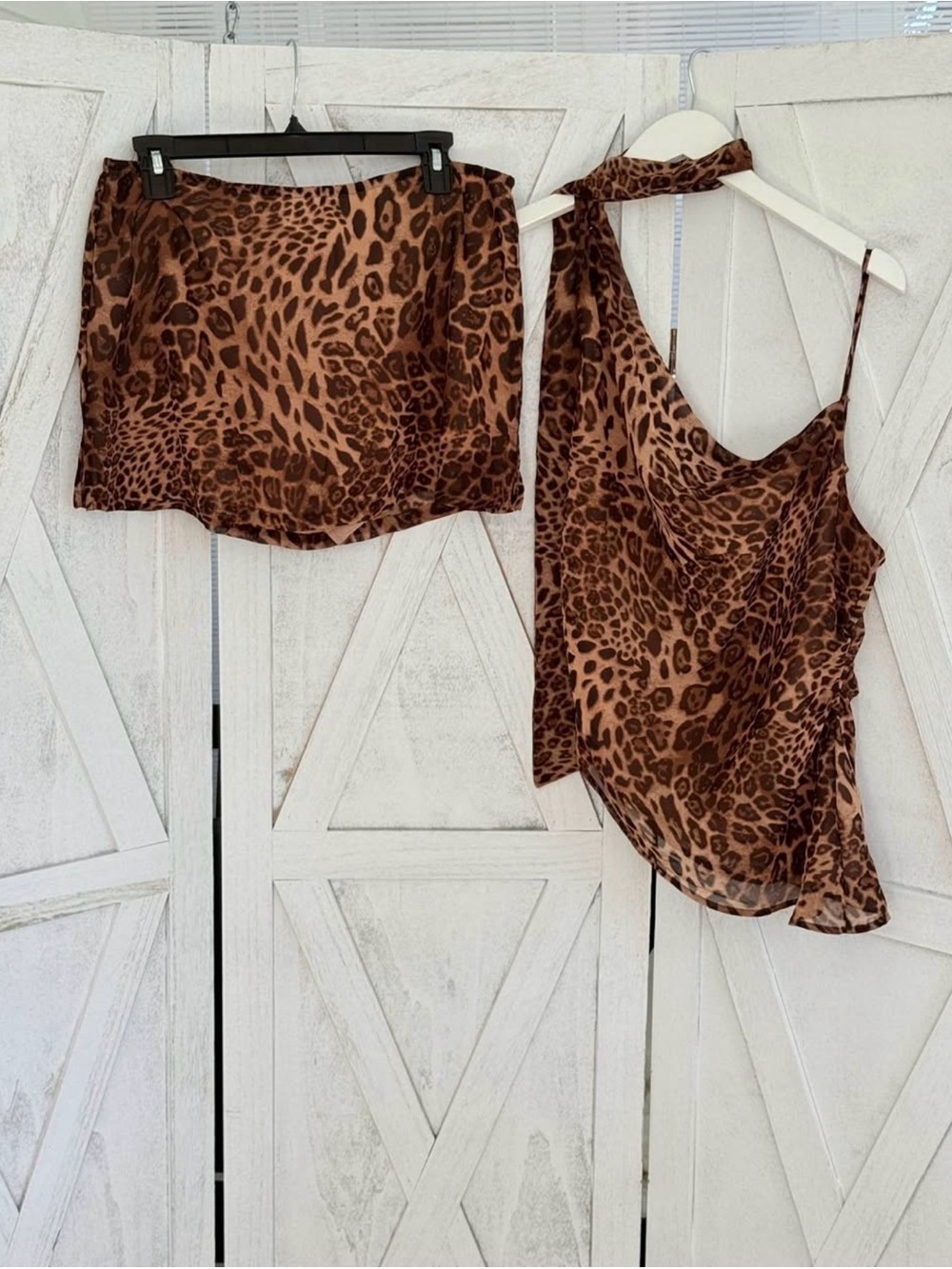Cider Brown 2 Piece Leopard Mini Skirt and Blouse